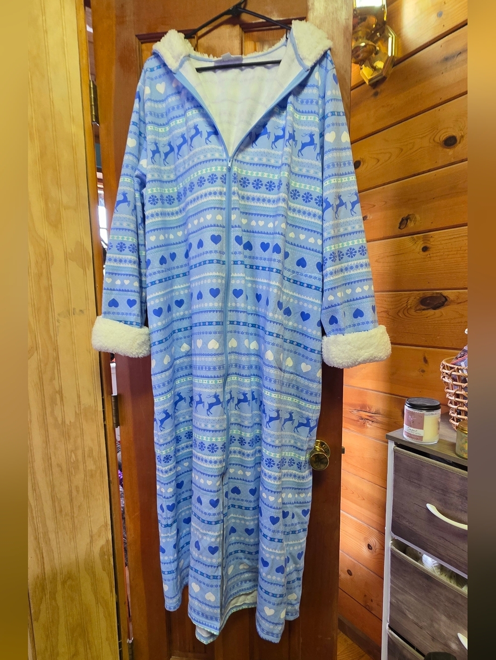 Cozy Blue Womans Hooded Zip-Up Pajama Robe with Sherpa Trim